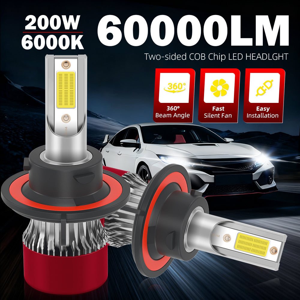 2只装LED汽车大灯 200瓦 6000K色温 60000流明 H1 H7 H11 9005 9006 H4 9007 H13双面COB芯片 LED灯泡 带散热风扇 持久耐用 增强照明 即插即用 适配多数车型