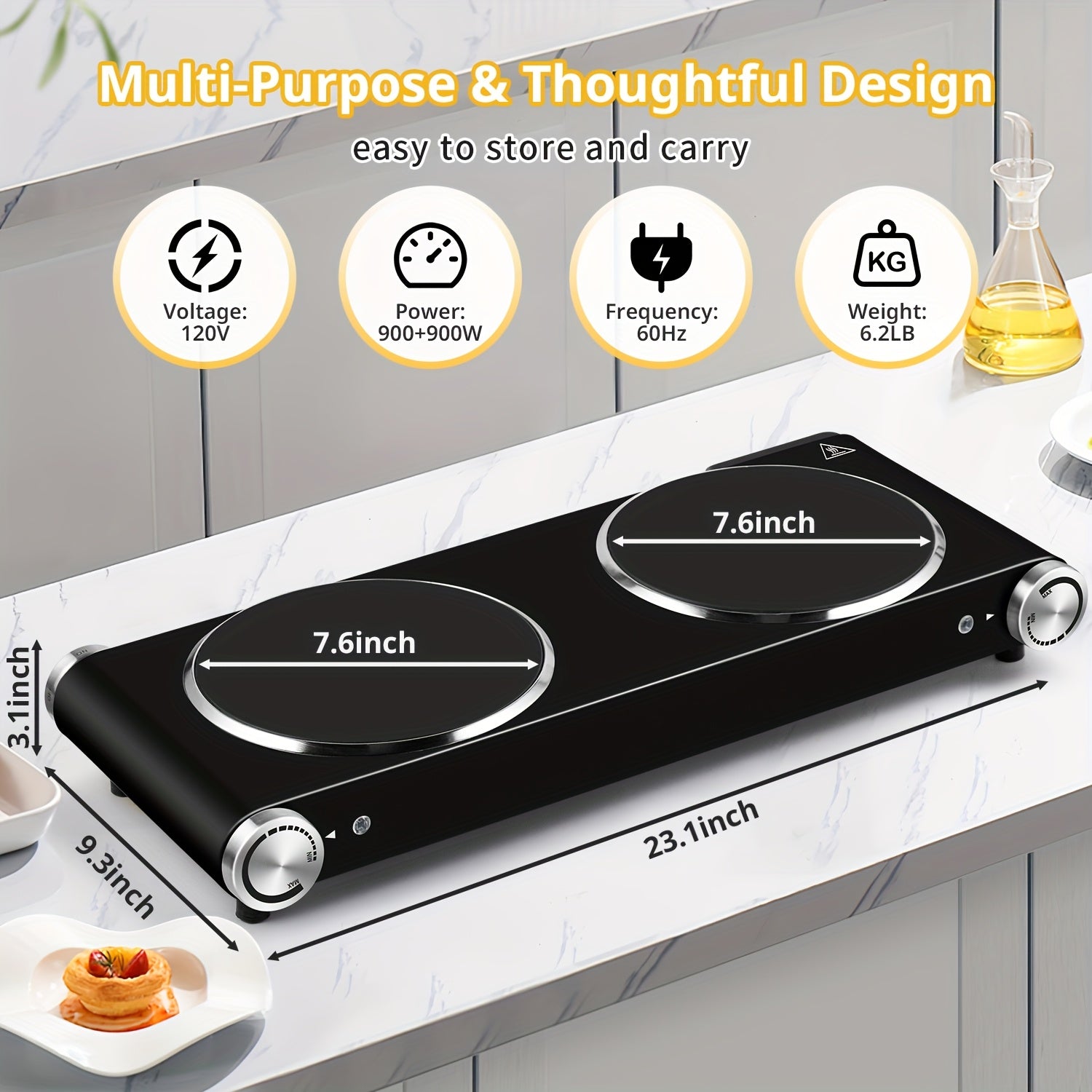 Tech 900W+900W Infrared Electric Hot Plate with Adjustable Temperature Control, Easy-Clean Surface & Power Indicator Light