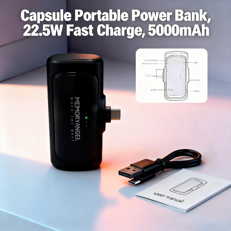22.5W Fast Charging, 5000mAh Mini Portable Charger, USB-C Mobile Power, Universal Compatibility, USB Type-C, Dual Power Mode, Rechargeable Lithium Polymer Battery, for iPhone 16/15 Series And Android Devices