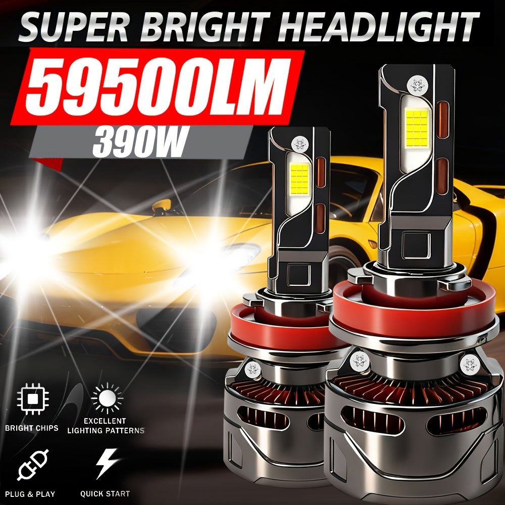 2-Pack H11 LED Headlight Bulbs H11 Super Bright Headlight Bulbs 390W High Power 59500 Lumens 7500K Color Temperature Fits H1, H4, H7, H11 Models Improves Night Driving Safety 900% Brightness Increase HB3, 9005, HB4, 9006, HIR2
