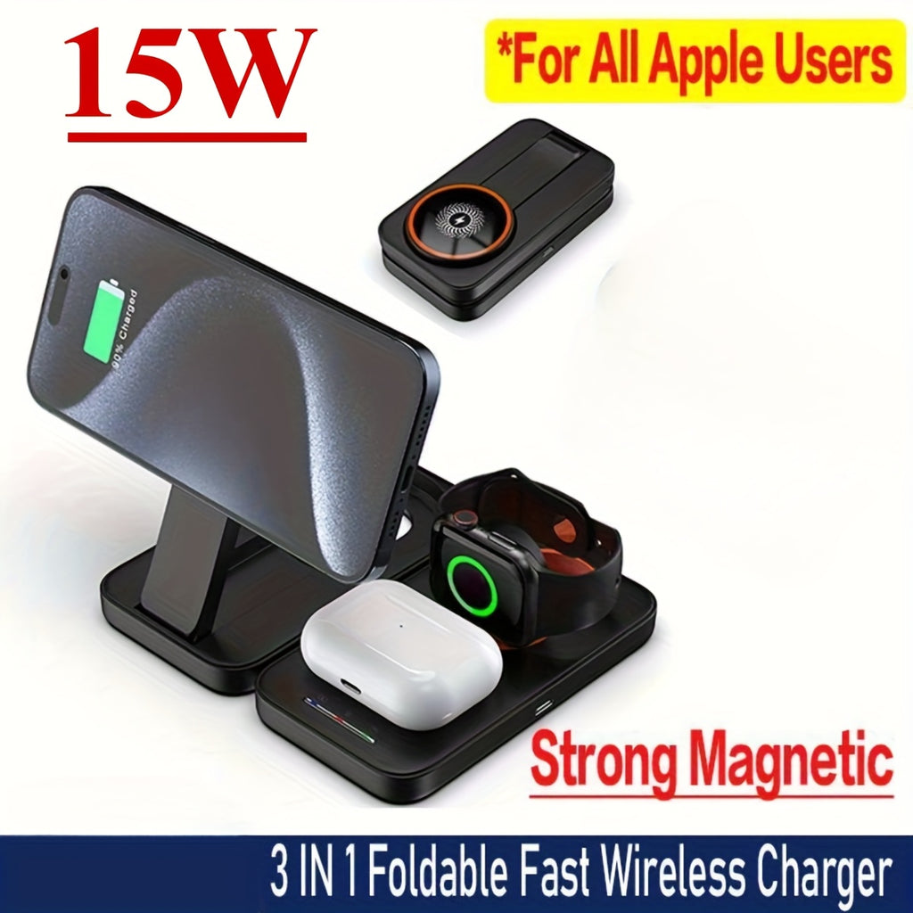 4-in-1 Foldable Magnetic Wireless Charger, No Battery Included, Suitable for Phones 15W, Earbuds 5W, for iWatch 2.5W, Compatible with All Magnetic Models 12-16 Series, Magnetic Earphone Series, Suitable for AirPods 2/3/Pro, Suitable for iWatch Series 2-9,