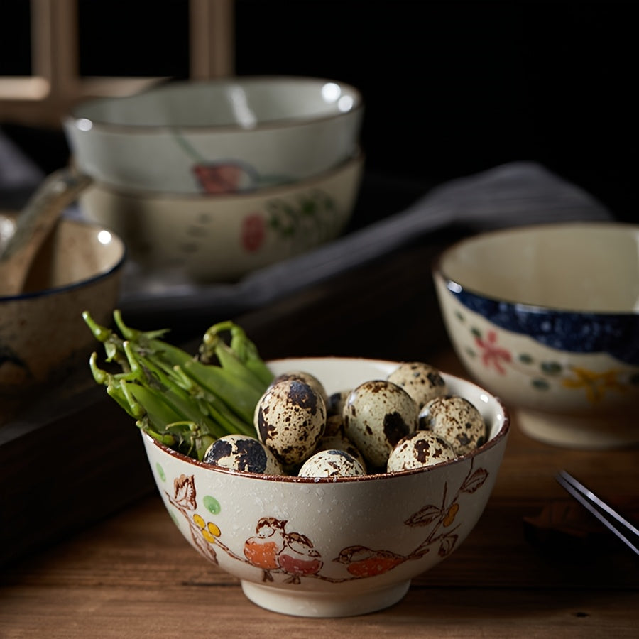 6pcs Vintage Ceramic Cereal Bowls, 4.5-Inch Stackable Chinese Bowls – Small Hand-Painted Dinnerware Set – Perfect for Cereal, Salad, Dessert, Ice Cream, Rice, Noodles – Dishwasher Safe & Microwave Safe