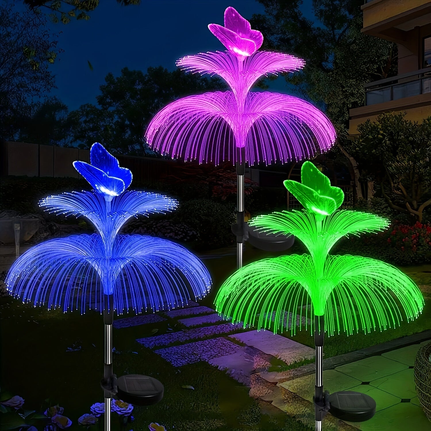 Solar Garden Light 4-Pack Solar Outdoor Decorative Light 7 Color Changing Double Jellyfish and Butterfly Flower Garden Decoration Courtyard Christmas Pool Outdoor Decoration, Gift for Mother and Women