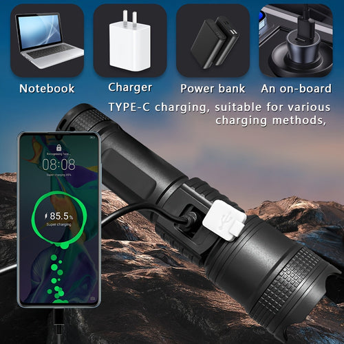 1Pc Super Bright Tactical Rechargeable LED Flashlight, 3 Lighting Modes, Digital Display Screen, Durable & Long Lasting, Ideal for Outdoor Enthusiasts, Hiking, Hunting, Camping and Other Lighting Needs