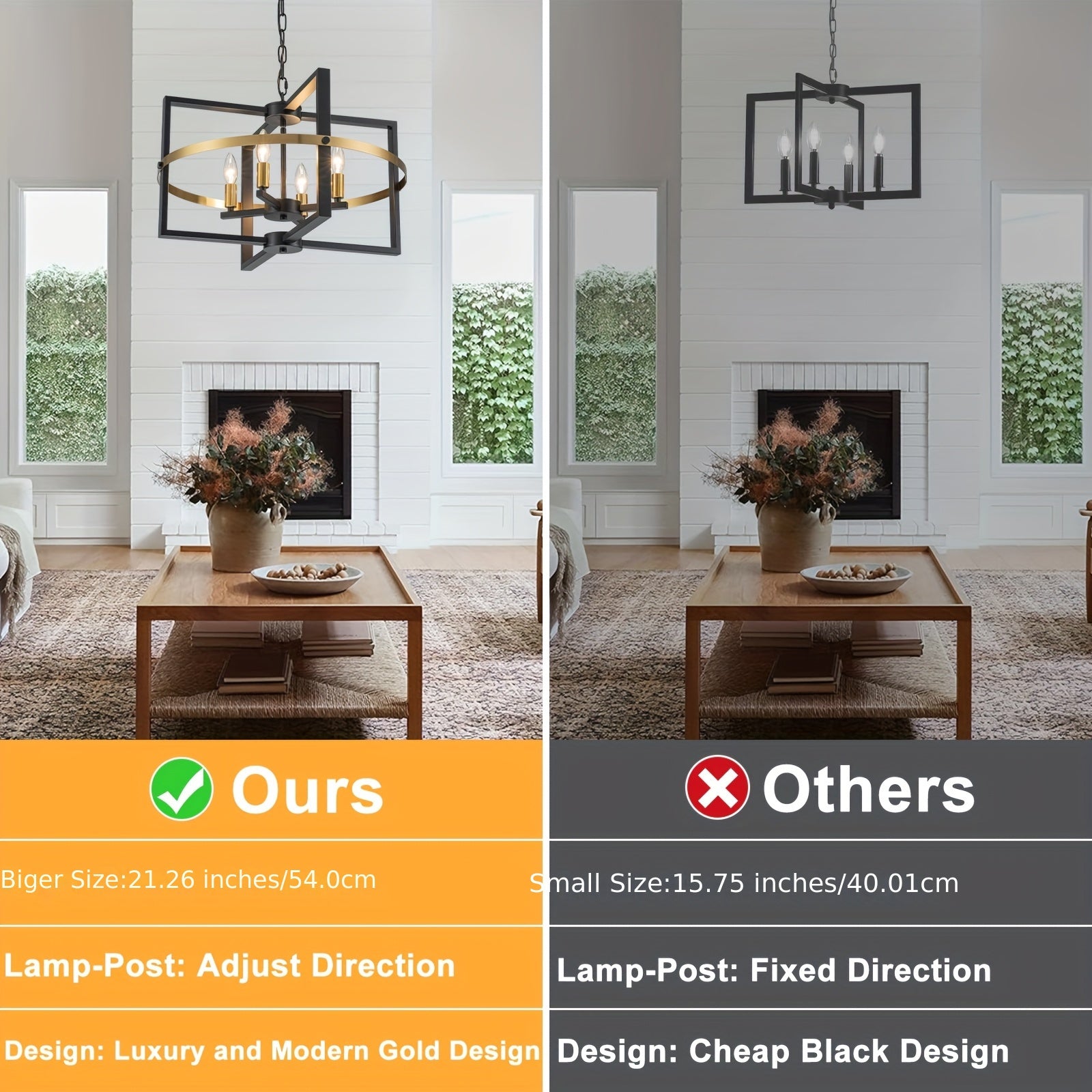 21.26-inch black gold modern farmhouse industrial pendant light - 4-light adjustable geometric design hanging lamp, polished metal + E12 bulb, suitable for kitchen island, dining room, front door entry, bedroom, dining room chandelier
