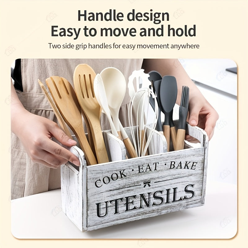 3 Compartment Rustic Wooden Kitchen Utensil Rack, Countertop & Wall Mount Kitchen Storage Organizer, Kitchen Accessories Holder for Fork Spoon Cooking Tools, Multifunctional Kitchen Organizer