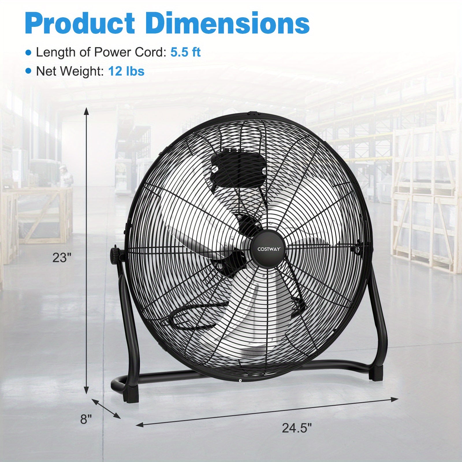 Life Star 20" High-Speed Industrial Floor Fan - 3-Speed Heavy-Duty Air Circulator, 145° Adjustable Tilt, Metal Aluminum Blades, Portable with Handle & Rubber Feet, for Warehouse/Garage/Basement (Black), Durable Build
