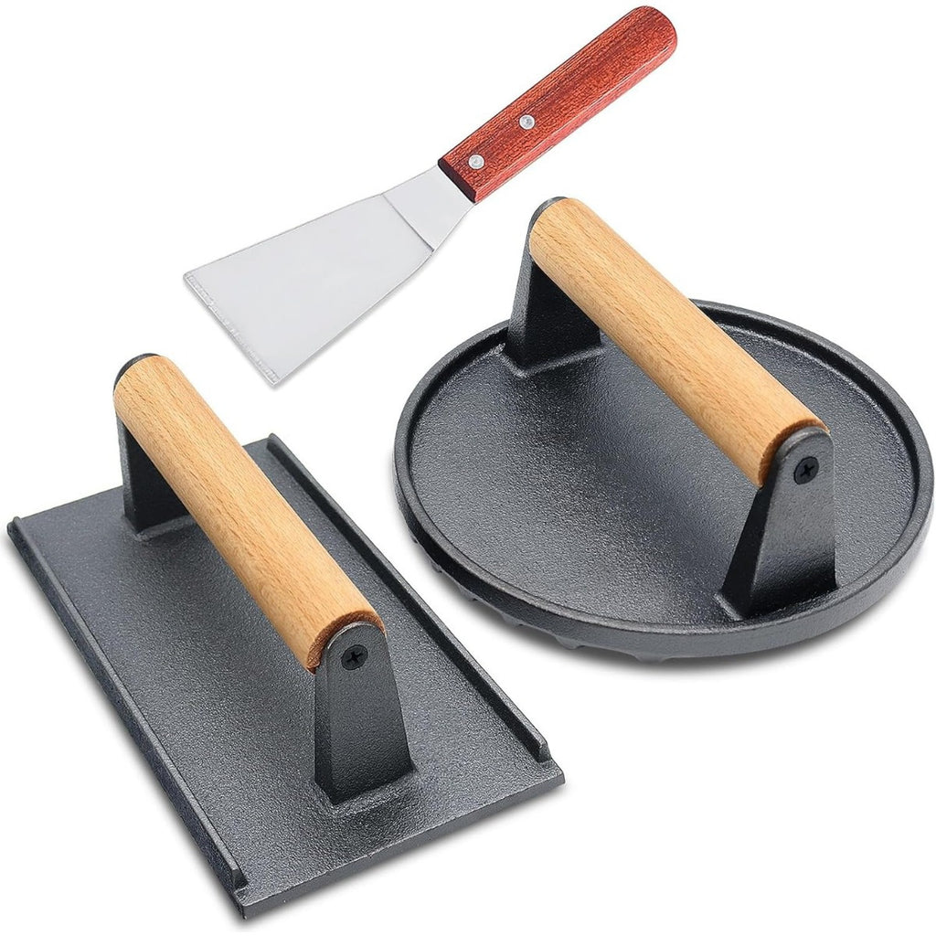Cast Iron Meat Press Plate, Rectangular Round Striped Grid Grill Press for Steak and Barbecue, Uncoated with Beech Wood Handle