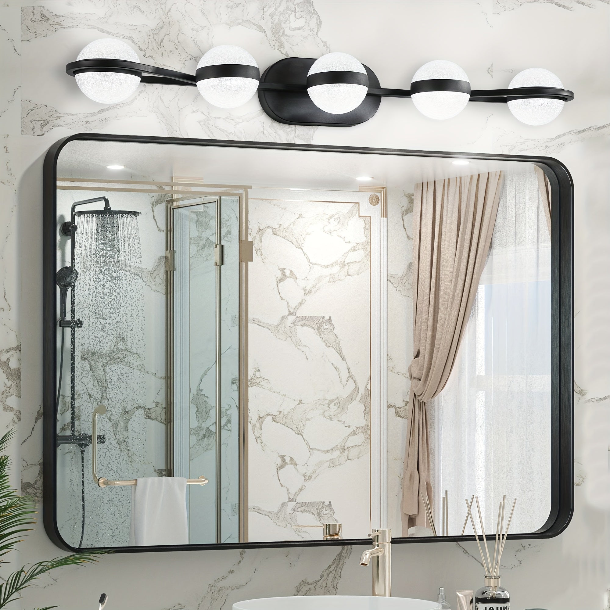35.4-Inch 5-Light Bathroom Vanity Light, Elegant Bathroom Wall Light, Modern Minimalist Bathroom Vanity Light, with LED Light and Frosted Acrylic Shade, Wall-Mounted Decorative Lighting, Suitable for Bathroom, Living Room, Bedroom (Black)