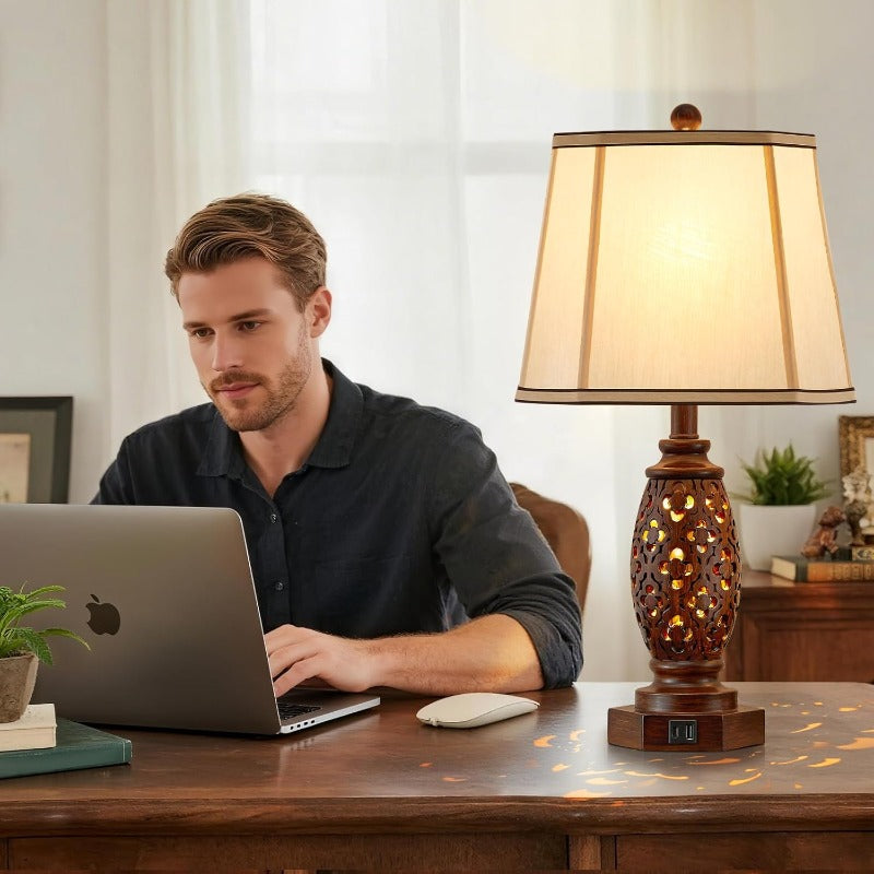 Bedside lamp set (2-pack) - 23.5-inch vintage table lamp, equipped with USB A+C ports and night light function - brown carved resin farmhouse style desk lamp, suitable for bedroom, side table and living room, bulbs included