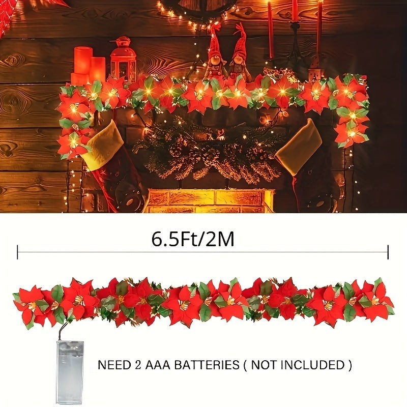 1 件 6.5 英尺圣诞一品红花环装饰，10 个带有红色浆果的 LED 灯人造丝绒串灯，适合室内户外壁炉装饰的圣诞装饰品