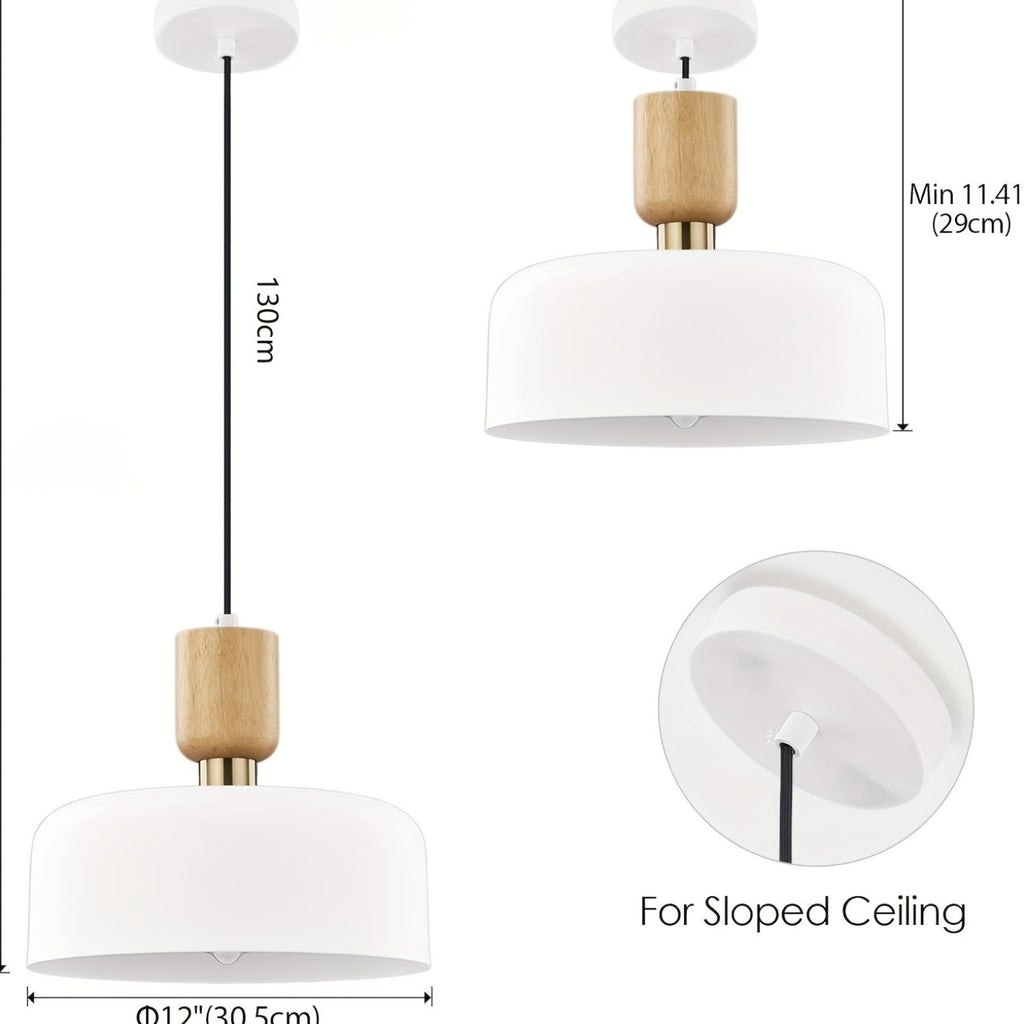 Nordic modern wood metal decorative pendant light - suitable for dining room, kitchen island, sloped ceiling, height adjustable, 12-inch diameter black and white drum lampshade (bulb not included)