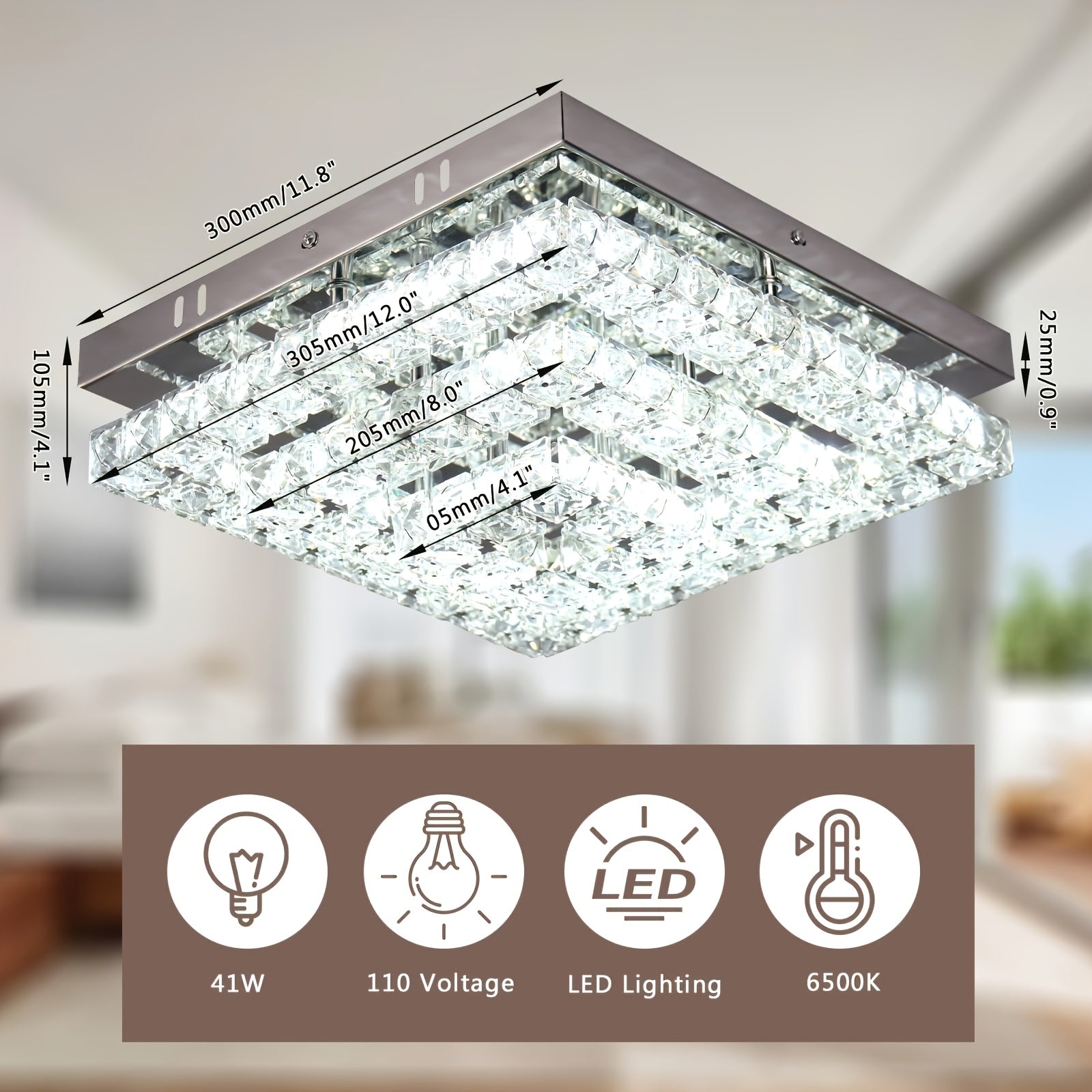 11.8" Elegant Crystal Chandelier LED Crystal Ceiling Light Modern Square Fixture, Suitable for Bedroom, Hallway, Kitchen and Office (6500K Cool White Light), Remote Control Not Included