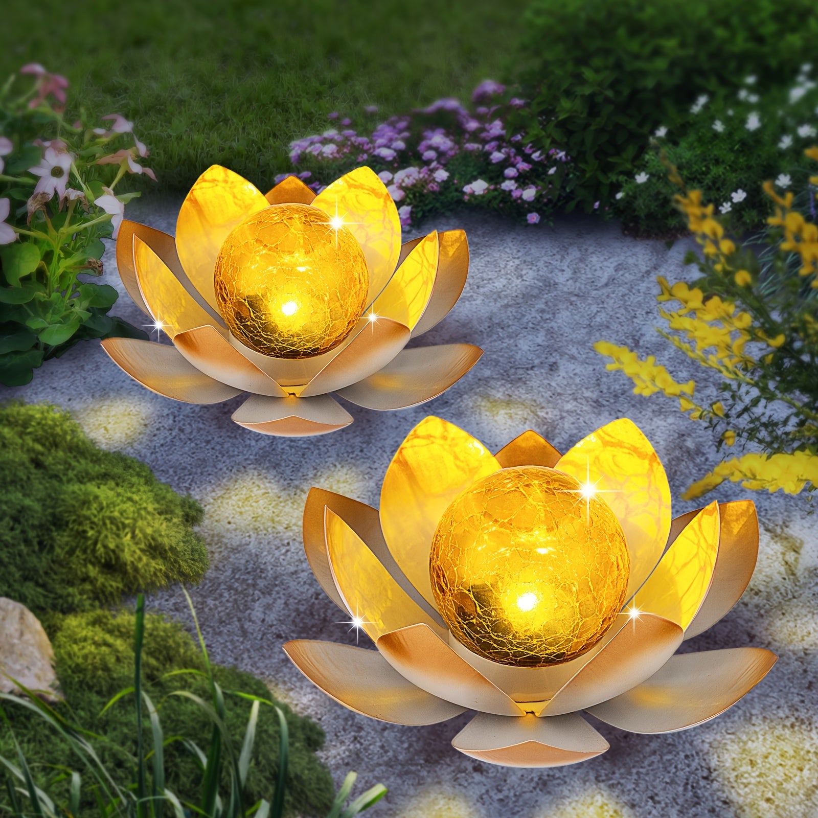 2 Pack Outdoor Solar Pink Lotus Light, Wrought Iron Garden Decoration, LED Light with Cracked Glass Ball, IPX4 Waterproof Rating, Perfect for Patio, Lawn, Terrace, Tabletop, Gift for Mom