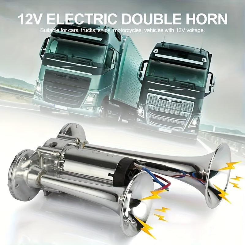 Large Truck Horn 12V High-Low Heavy Bass Super Loud Train Sound Boat Sound Air Horn Marine Dual Trumpet Horn with Built-in Air Compressor, Suitable for Ships, Cars, Trucks, Jeeps and Other 12V Vehicles