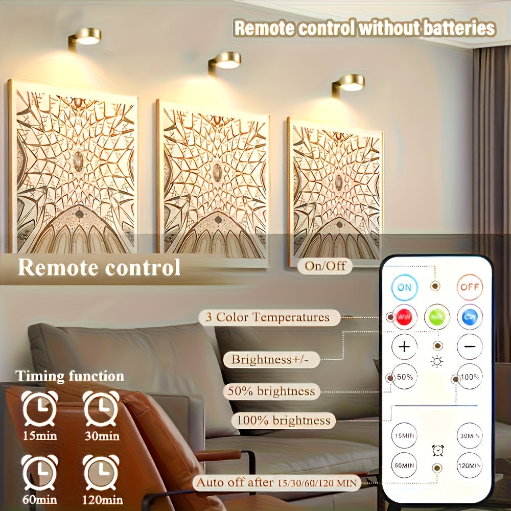 En: Black/Gold Round Smart LED Painting Light, Battery Operated (Battery Not Included), Remote Control Dimmable Timable Lamp for Photo Frame Art Portrait Home Wall Decor
