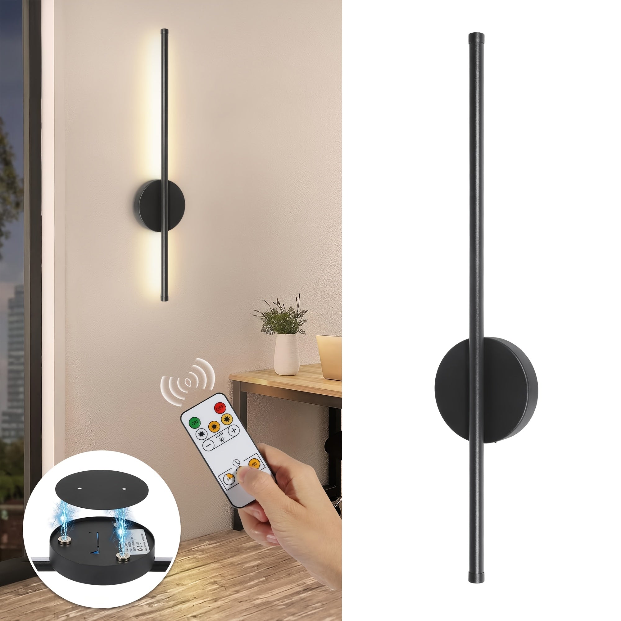 1-Pack Remote Control LED Wall Light, Wall Fixture Equipped with 4400mAh Rechargeable Battery, Supports 3 Color Temperatures and Dimming Function, Magnetic 360° Cordless Rotation, Suitable for Bedroom Bedside (Black)
