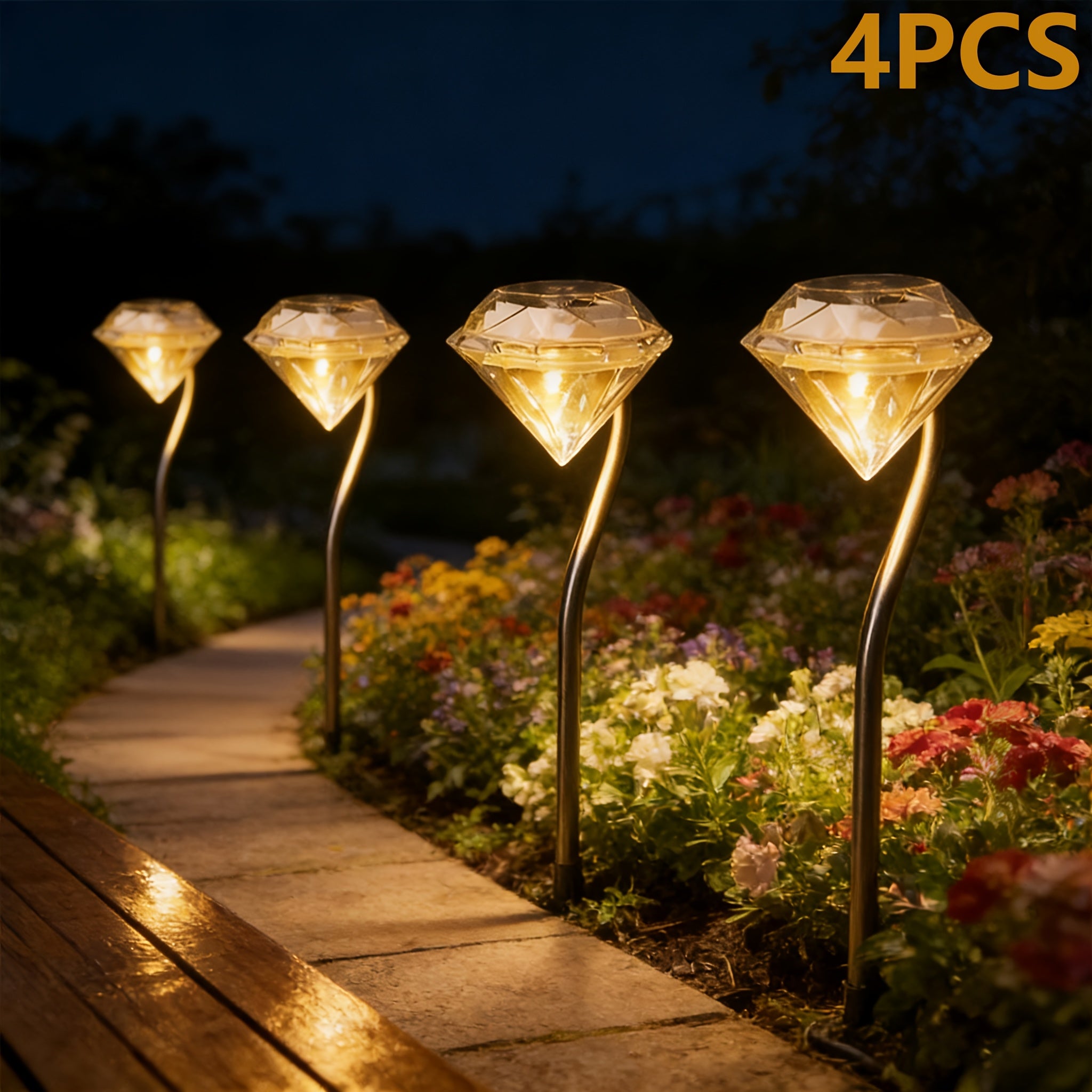 4 Pack Solar Diamond Shape Light Set, Designed for Outdoor Use with Rainproof Function. These LED Lawn Lights Feature Simple Semi-Flush Mount Installation with Stainless Steel Tube.