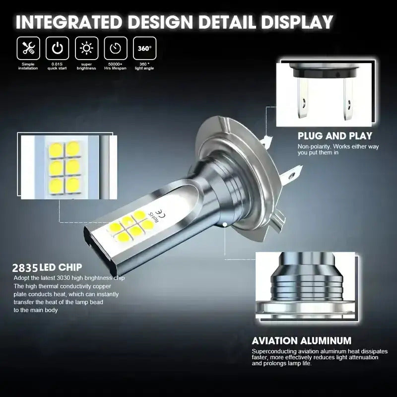 4-Pack H7 LED Headlight Kit - 3000+ Lumens Super Bright 6500K Xenon White Light, High/Low Beam Replacement, Plug-and-Play Wiring, for Trucks and Motorcycles (H7 Bulb Socket), No Battery Included