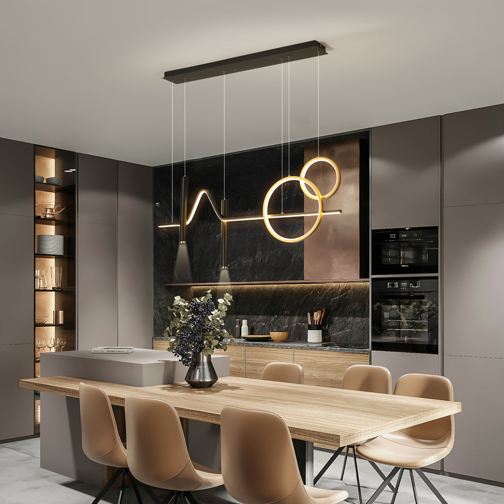 Enkerr modern gold dimmable LED pendant light, with remote control, adjustable color temperature (warm light/cool light), linear wave shape, compatible with spotlights (wall switch control), suitable for island, dining room, living room