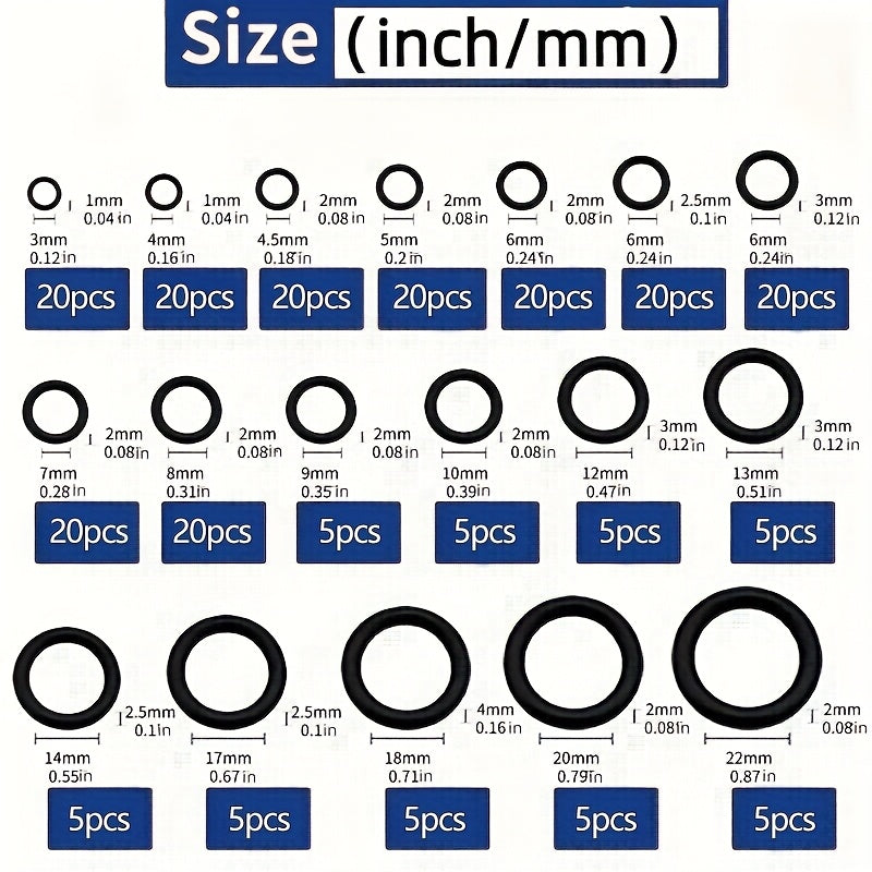 225-Piece O-Ring Assortment Set – Sealing Washers in 18 Sizes, Nitrile Rubber Round Gaskets, Elastic Oil-Resistant Seals for Professional Plumbing Repair