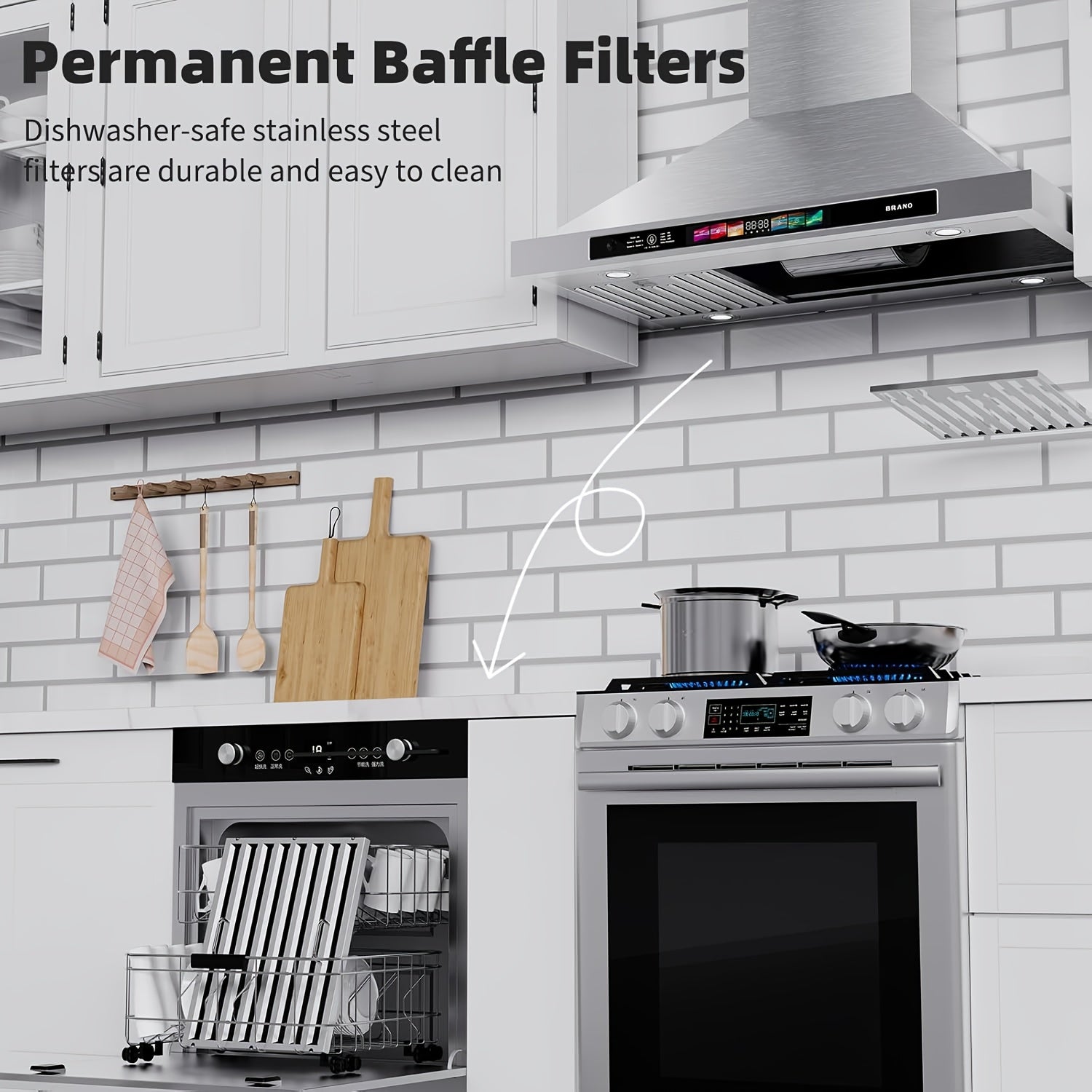 900CFM Wall-Mounted Range Hood, Stainless Steel, Voice/Gesture/Touch Control, Convertible Ducted/Ductless Kitchen Exhaust Fan, 4-Speed Fan, Memory Mode, 4 Adjustable Lights