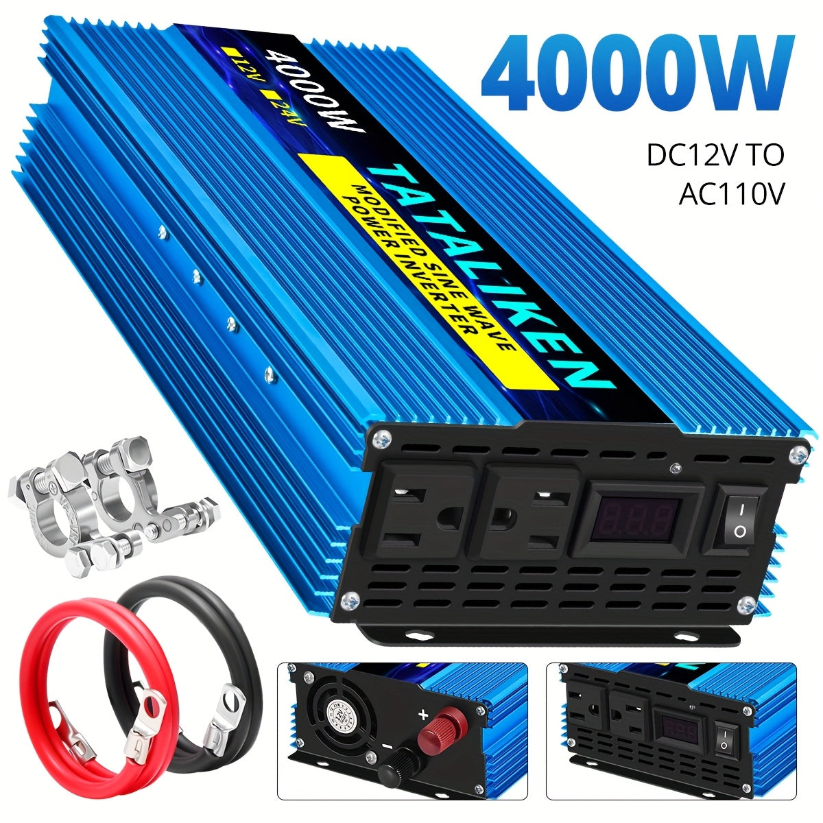 TATALIKEN 电源逆变器3000W/4000W(峰值功率), DC12V转AC110V, 家用备用电源逆变器/低噪音适用于车载, 汽车、房车、卡车以及电子设备，不带电池