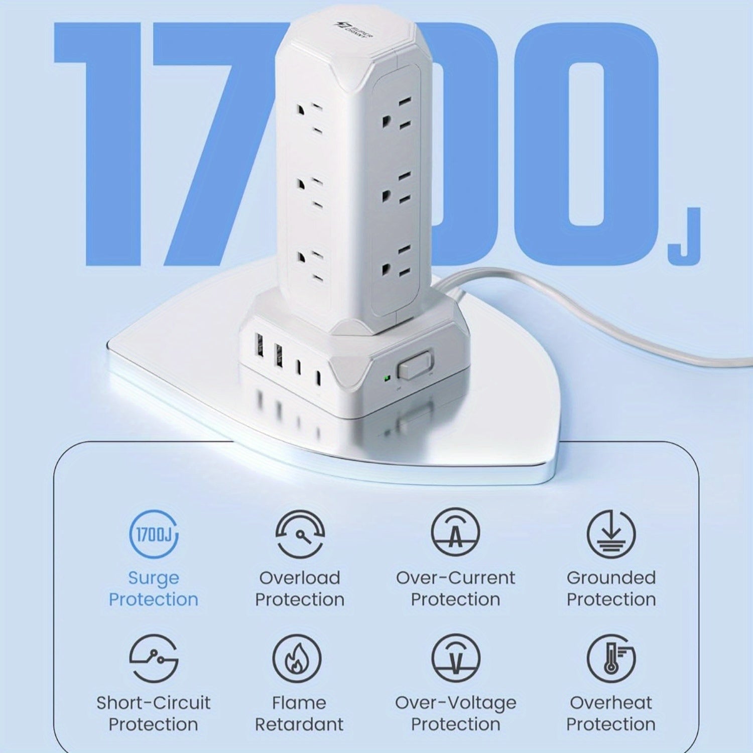 2pcs Power Strip Tower, 12 AC Outlets with 35W USB(2 USB-A & 2 USB-C) Charging Station, 1625W/13A, 1700J Surge Protector, 10ft Flat Plug Extension Cord with Multiple Outlets for Home, Office, Dorm