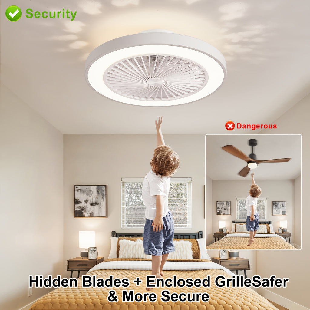Low Profile Flush Mount Ceiling Fan with Light, 6-Speed Dimmable Bladeless Reversible Fan Light, Suitable for Bedroom, Dining Room, Living Room, Kitchen
