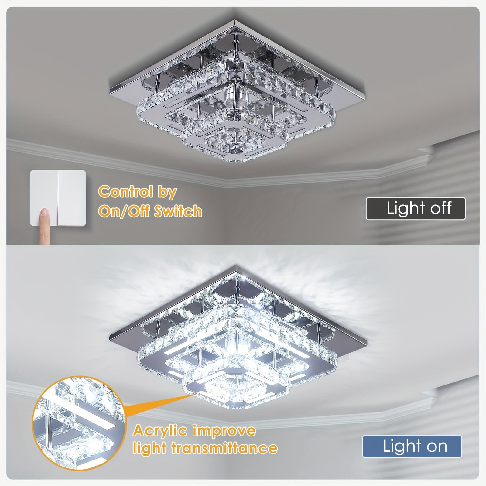 Modern Luxury Crystal Chandelier - 12-Inch Recessed Ceiling Light with Remote Control - LED Pendant Light Suitable for Bedroom, Living Room, Closet, Hallway, Bathroom (Dimmable)