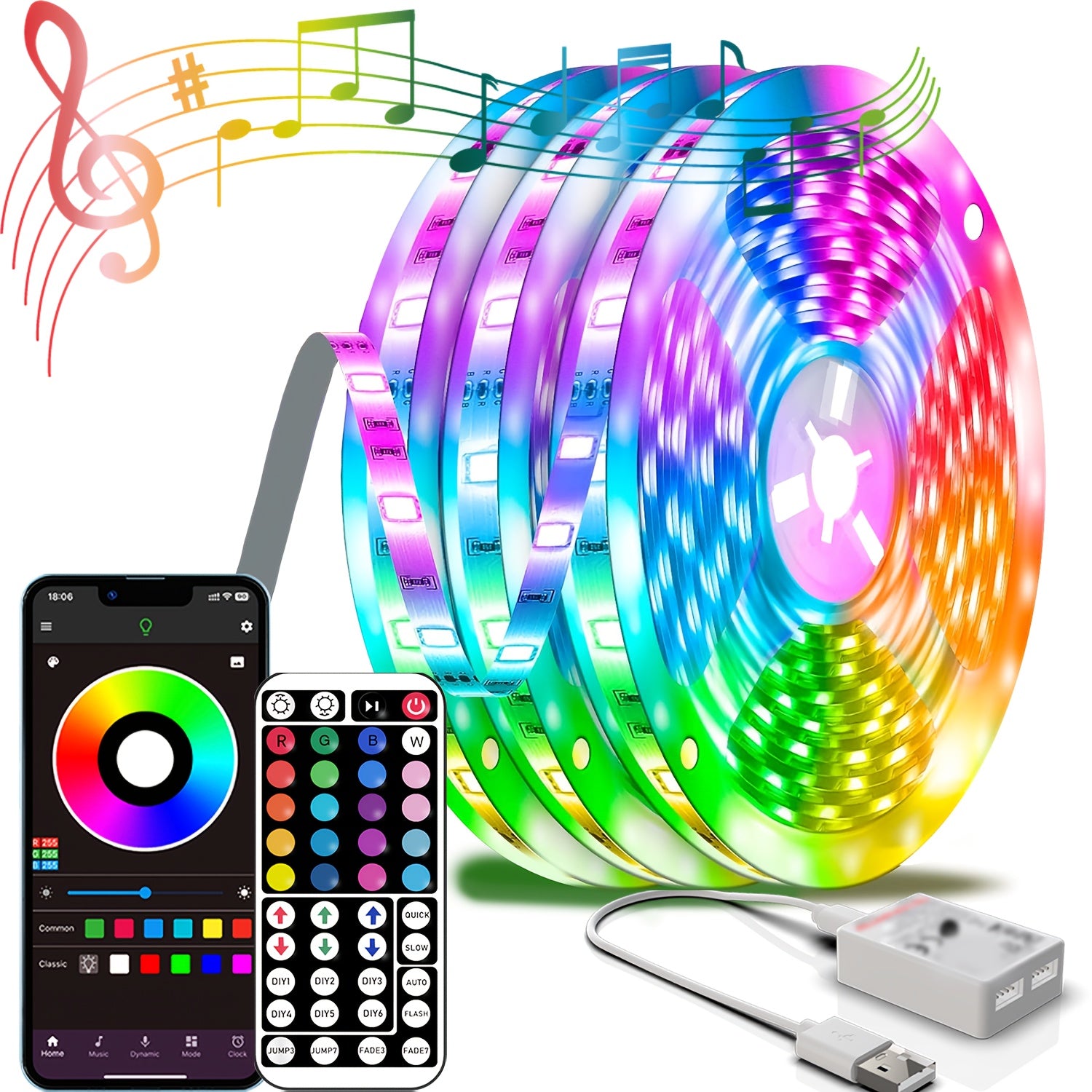 NBBUFF 加长版 LED 灯带，智能房间装饰 RGB 灯条，通过 App 和遥控器控制，带定时、音乐同步、多种场景和 1600 万色，适用于卧室、客厅天花板、万圣节、派对、节日礼物