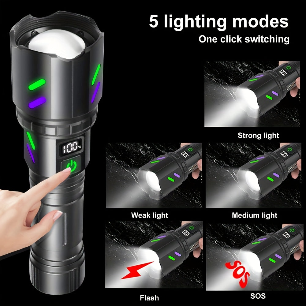 30W Ignition Zoom Flashlight With Ignition Lens Type-C Rechargeable Digital Power Display 5 Modes Aluminum Alloy Material Built-in Power Bank Function Portable Tactical Flashlight for Outdoor Emergency Camping Travel Patrol