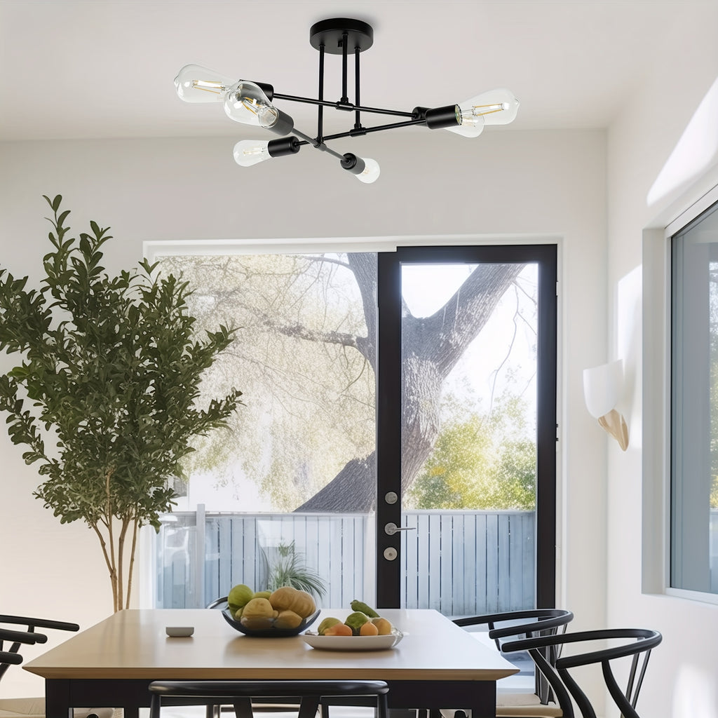 Modern 6-light semi-flush mount pendant light, black metal frame, elegant chandelier for living room, dining room, bedroom, E26 bulb socket, bulb not included