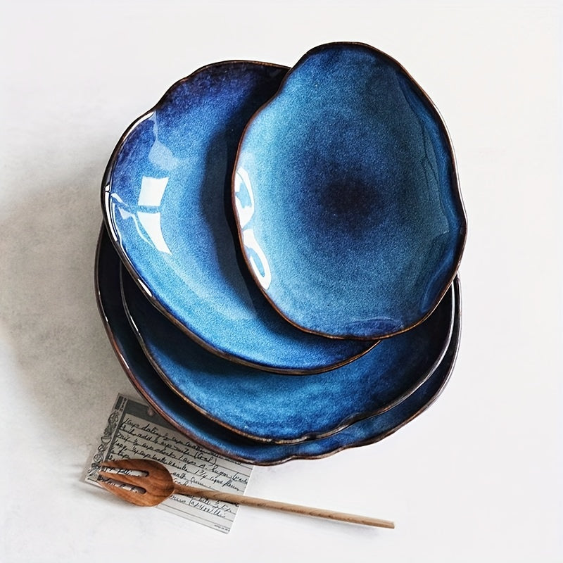 4-Pack Cat‘s Eye Blue Nordic Ceramic Food Plate – Home Pottery Irregular Dinnerware, Salad Platter Tableware