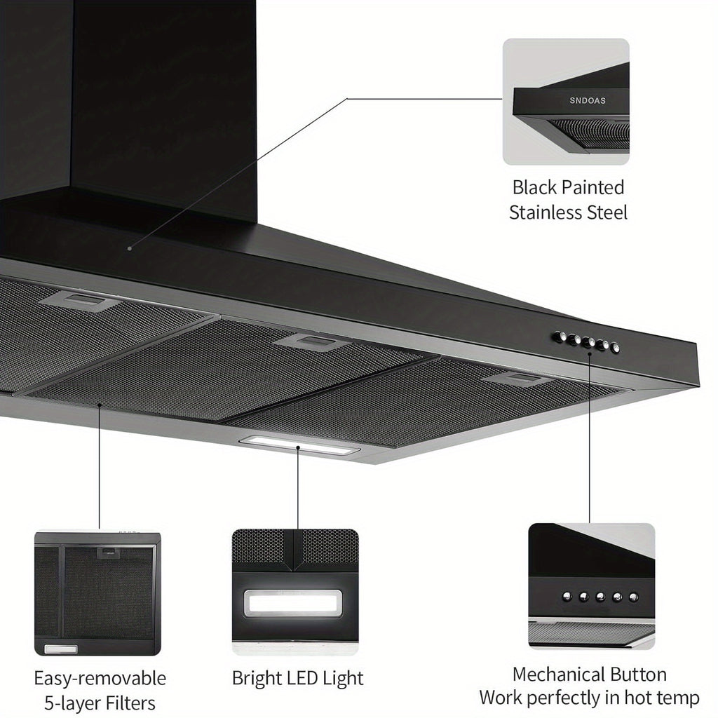 Wall-Mounted Chimney Style, Black Painted Ventilation Chimney, 3-Speed Exhaust Fan, LED Light, Push-Button Control, 450CFM Strong Suction, 3 Sizes [24", 30", 36"]
