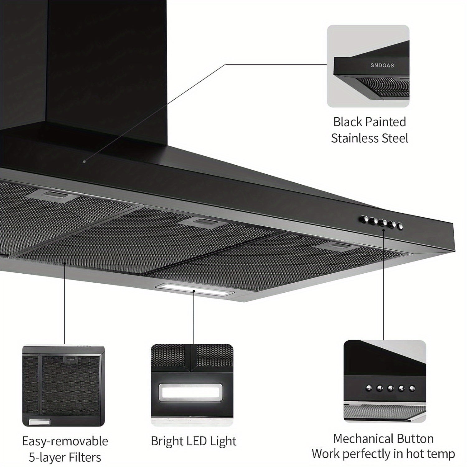 Wall-Mounted Chimney Style, Black Painted Ventilation Chimney, 3-Speed Exhaust Fan, LED Light, Push-Button Control, 450CFM Strong Suction, 3 Sizes [24", 30", 36"]