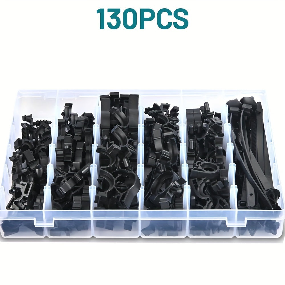 130-Piece Wire Harness Retaining Clip Assortment, Includes Convoluted Tube Cable Ties, Hose Clip Clamps, Fuel Line Brackets, for Secure Installation of Wiring Harnesses in Honda, GM, Mazda & More, Harness Clamps, Cable Management Clips
