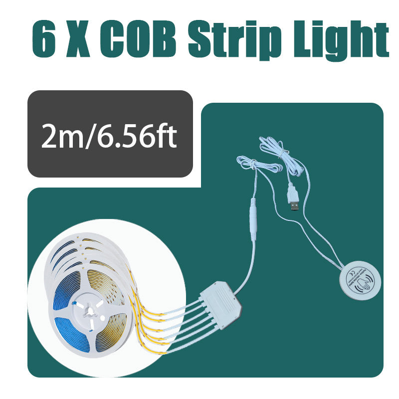 8mm 5V COB LED灯带，长度可选39.37英寸、78.74英寸或3米，配备USB接口、可调光触摸传感器和暖白光。这款无点可裁剪灯带非常适合用于厨房橱柜、衣柜、鞋架和卧室装饰