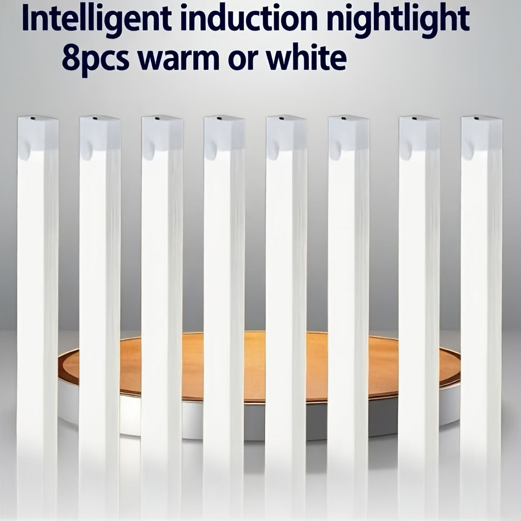 8-pack smart motion sensor LED light, household lighting LED tube, USB rechargeable + magnetic design, commonly used for cabinets, wardrobes, bookshelves, vanity tables, wireless, DIY night light. Bookshelf lighting