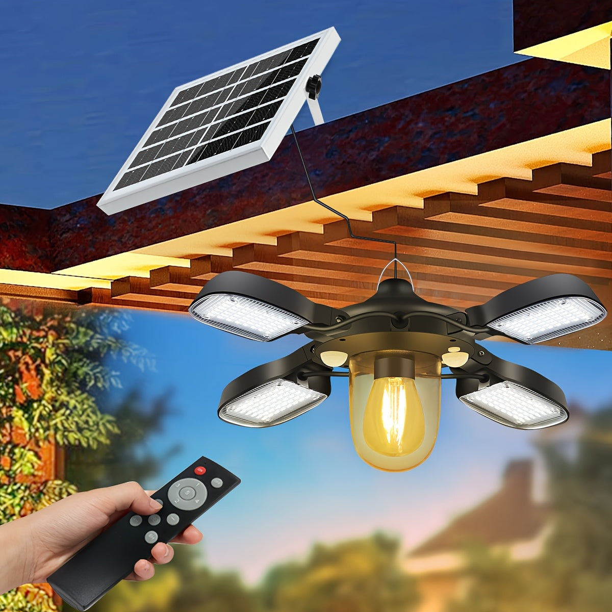 Four-Leaf Pendant Light, 192 LED Solar Pendant Light, Outdoor Patio Gazebo Hanging Light, Solar Garage Barn Pendant Light
