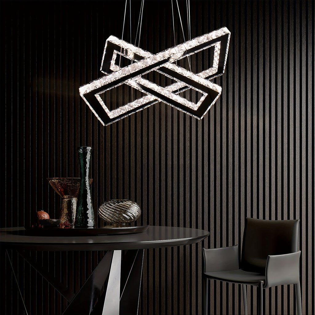 Modern pendant light with remote control, 20.5-inch LED dimmable 2-ring rectangular crystal chandelier adjustable height, dining room kitchen living room island light pendant light