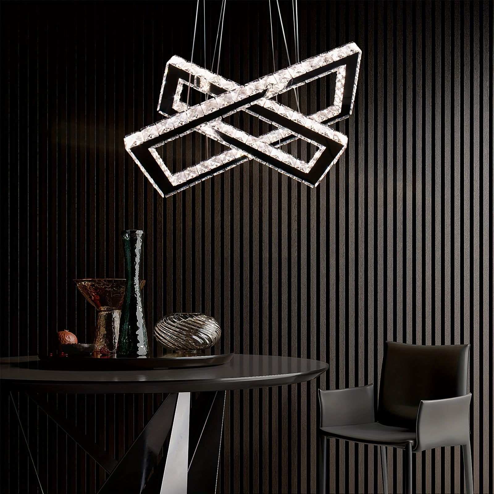 Modern pendant light with remote control, 20.5-inch LED dimmable 2-ring rectangular crystal chandelier adjustable height, dining room kitchen living room island light pendant light