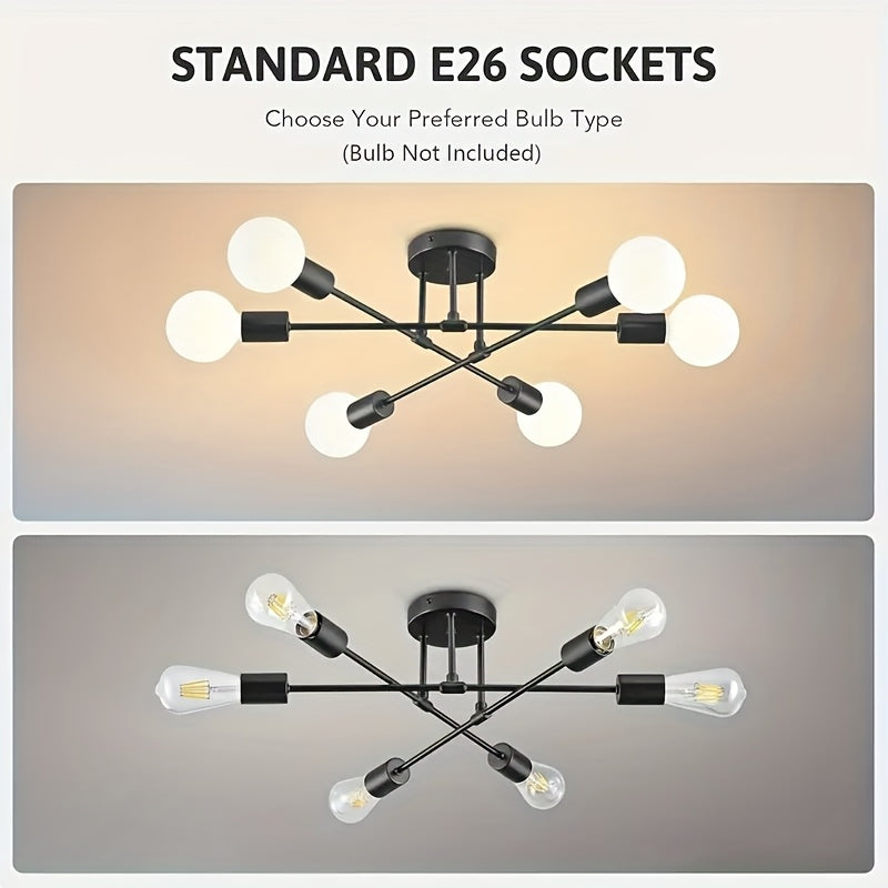Modern Industrial Style Sputnik Pendant Light - Semi-Flush Mount, Easy Installation, 120V E26 Bulb Base Hardwired (Bulb Not Included), Suitable for Dining Room, Living Room, Kitchen, etc.