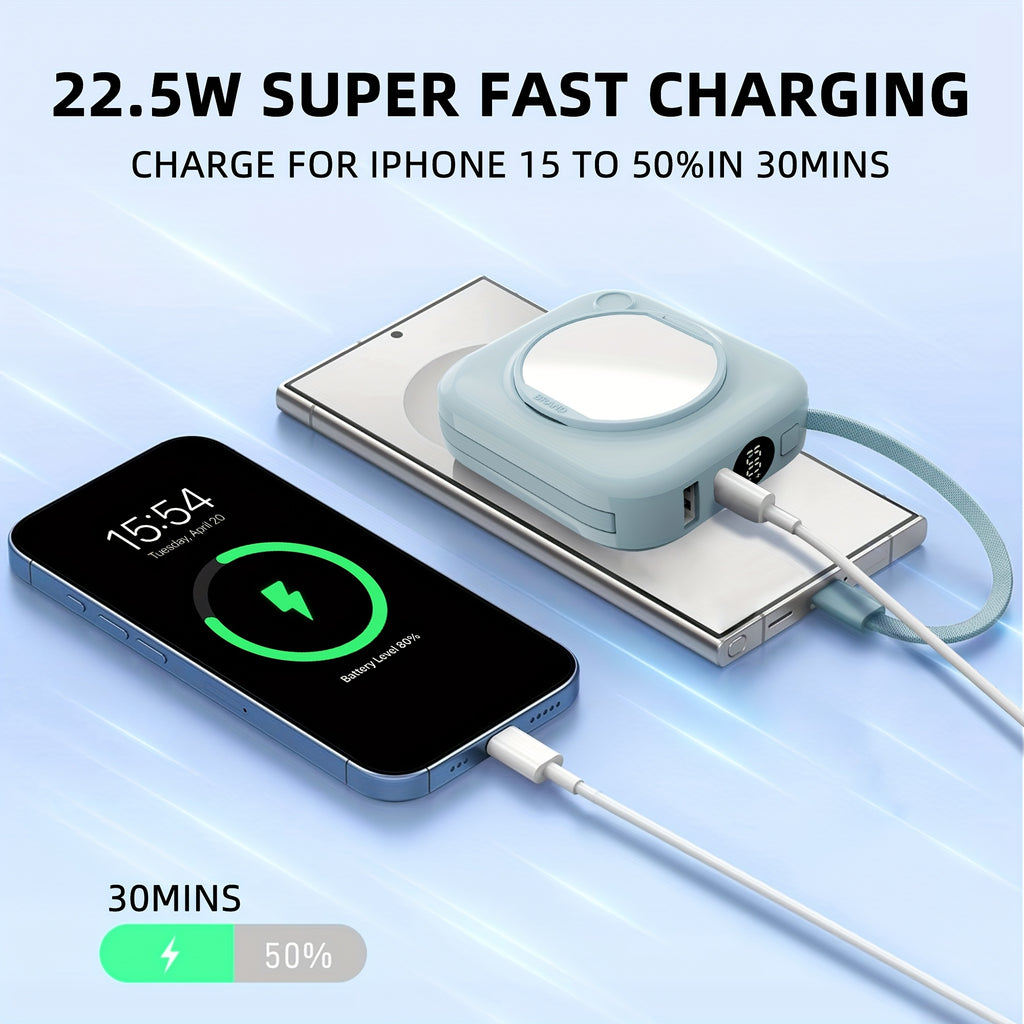 Portable Charger Built-in Cables With Foldable Mirror, 10000mAh Power Bank For I-Phone, Travel Essentials Battery Pack Fast Charging USB C, Phone Power Bank For Android