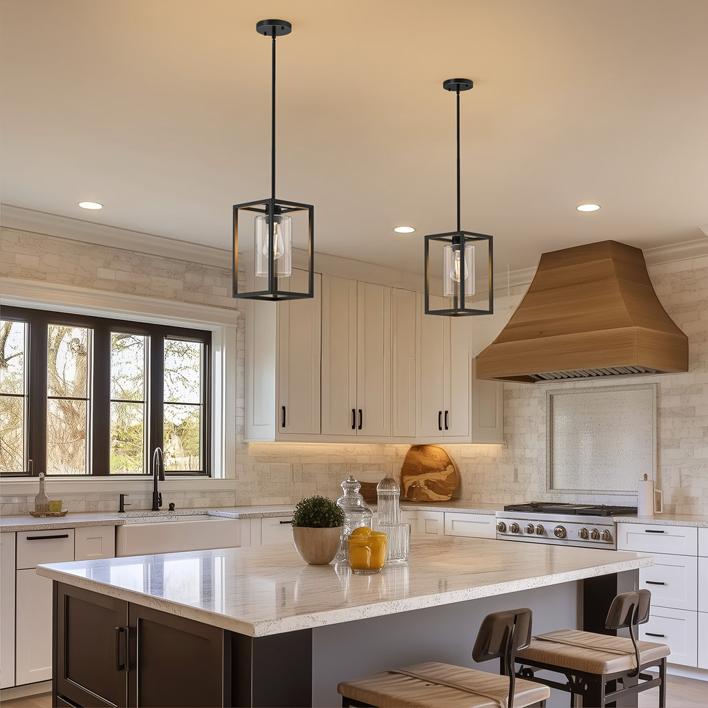 Vintage black industrial pendant light - single-head clear glass shade, durable metal construction, semi-flush mount kitchen dining room café home decoration, E26 bulb base (bulb not included), ambiance ceiling light | pendant light for dining room