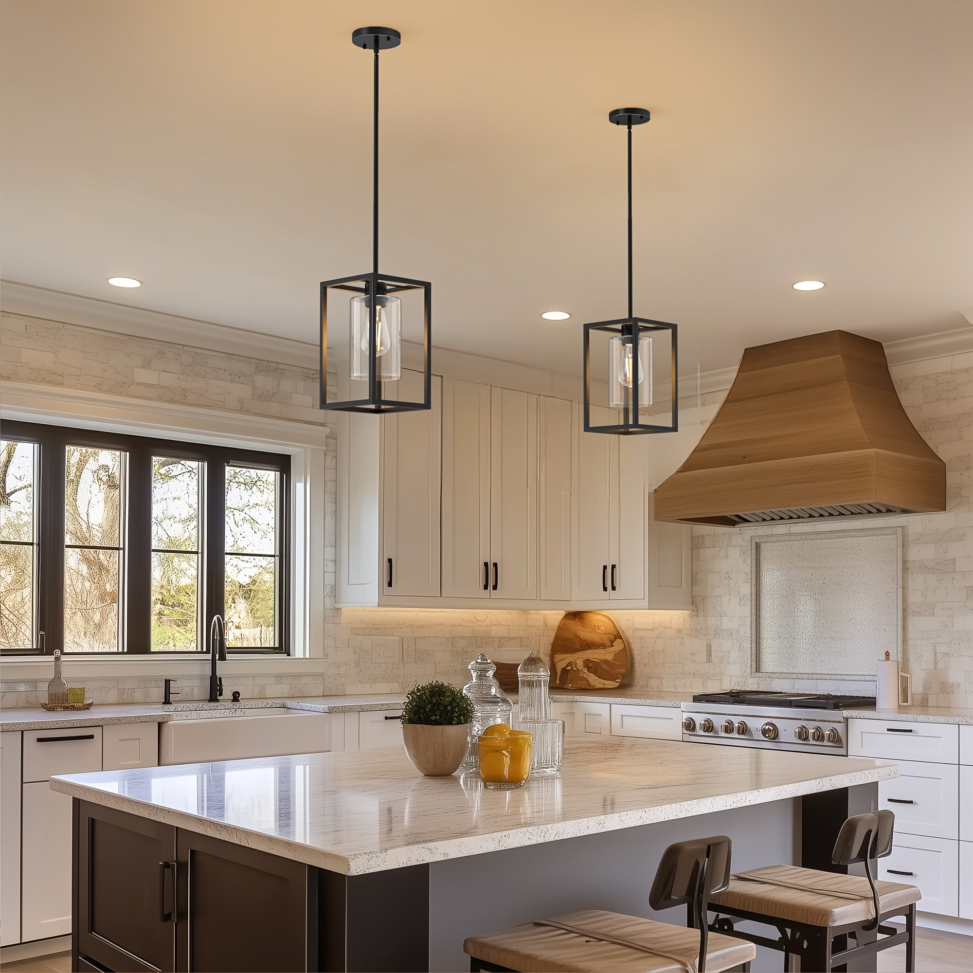 Vintage black industrial pendant light - single-head clear glass shade, durable metal construction, semi-flush mount kitchen dining room café home decoration, E26 bulb base (bulb not included), ambiance ceiling light | pendant light for dining room