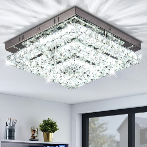 11.8" Elegant Crystal Chandelier LED Crystal Ceiling Light Modern Square Fixture, Suitable for Bedroom, Hallway, Kitchen and Office (6500K Cool White Light), Remote Control Not Included