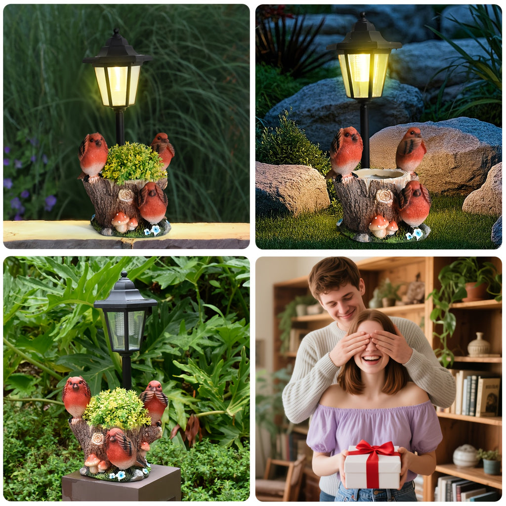 Multi-Functional Courtyard Resin Bird Flower Pot Outdoor Statue Solar Light, Garden Path Villa Landscaping Home Decorative Light, Balcony Corridor Ambient Night Light, Red Resin Bird Sculpture Light, Suitable Christmas Gift for Friends