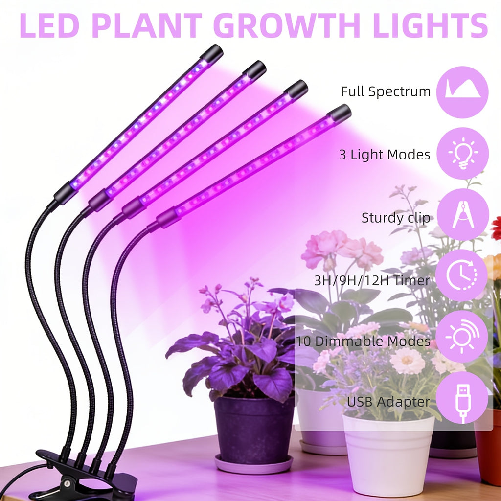1PC Full Spectrum 4-Head Adjustable LED Plant Grow Light, 3 Light Modes, 9 Dimmable Brightness Levels, 3H/6H/9H Timing Function, USB Powered, Suitable for Succulents, Green Plants, Flowers, Seedling Cultivation and Hydroponics