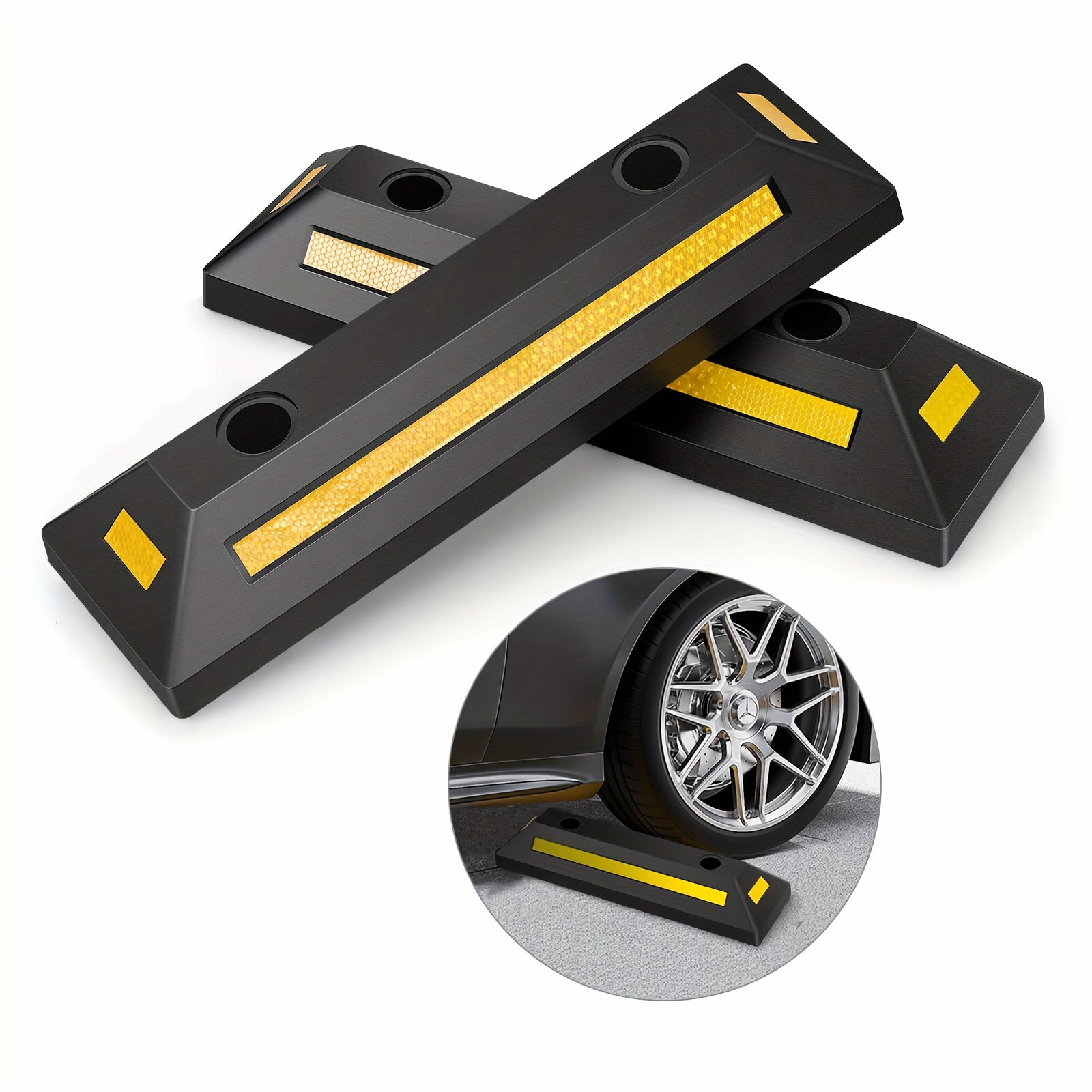 1/2/4 Pack Garage Parking Curb Stopper - Durable Rubber Parking Guide with Yellow Stripe, Ensures Safe Vehicle Parking, Garage Parking Curb, Fits All Vehicles, Cars, Vans, Trucks, Tire Rim Guide Block Protects Bumper